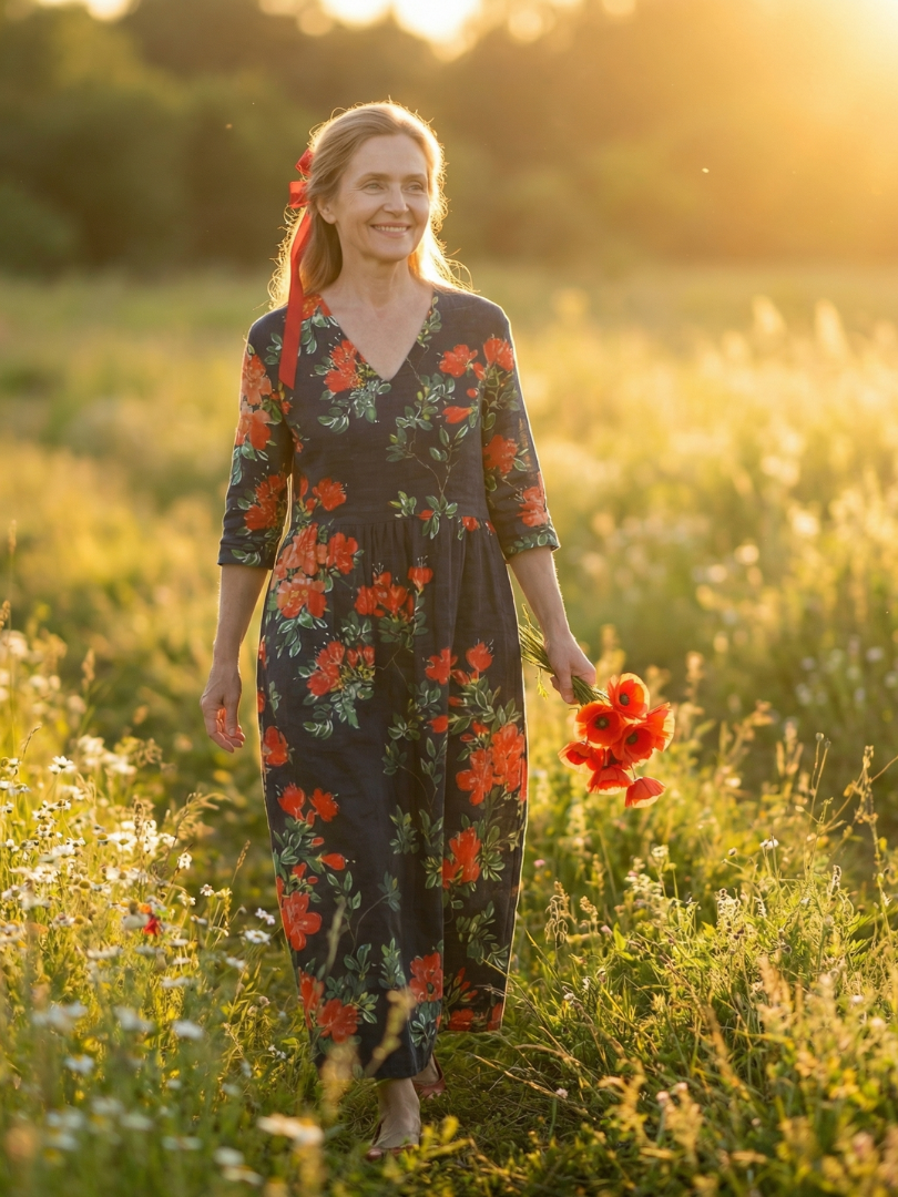 Black Floral Draped Midi Dress