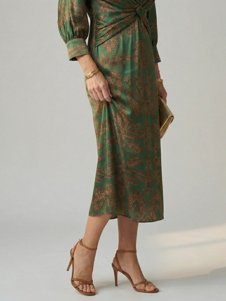 Emerald Paisley Twist-Front Midi Dress