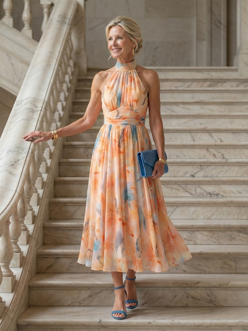 Peach Watercolor Halter Midi Dress