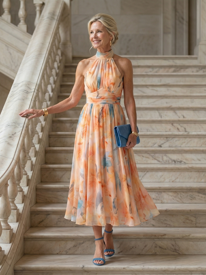 Peach Watercolor Halter Midi Dress
