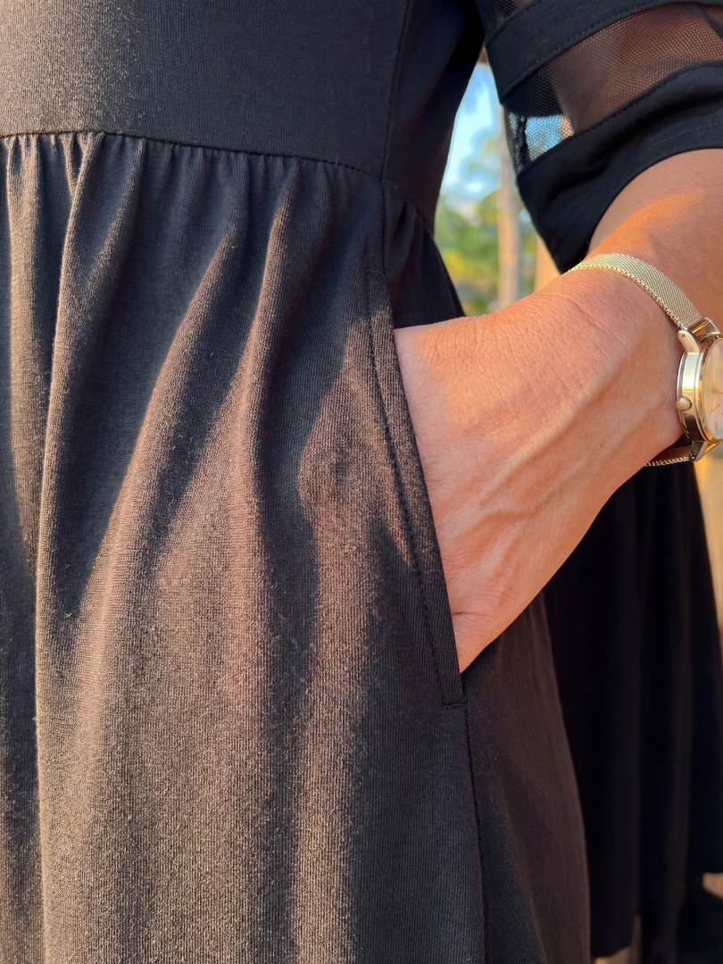 Sheer-Panel Black Midi Dress