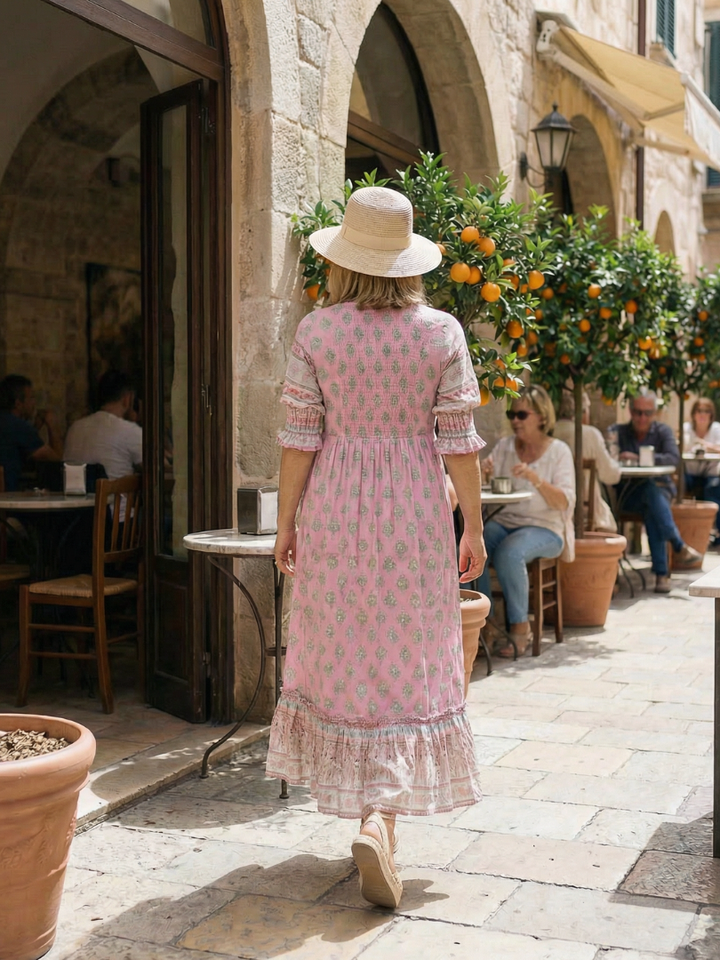Floral V-Neck Button Midi Dress