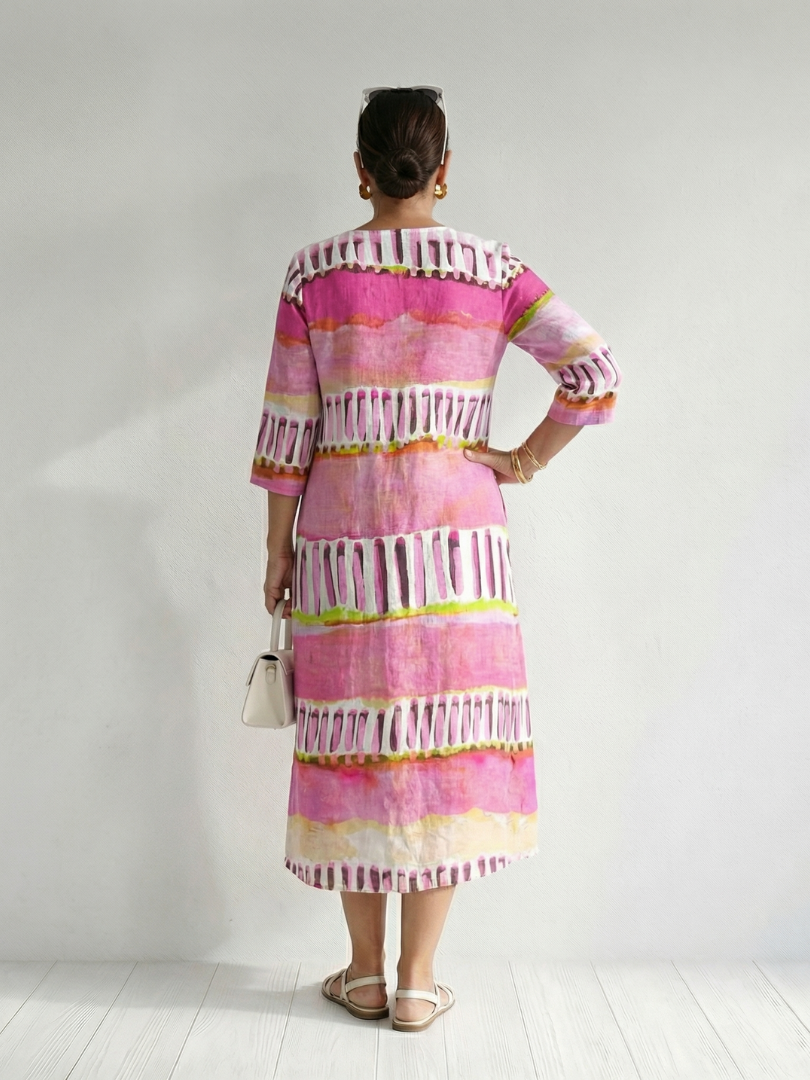 Mixed-Stripe V-Neck Midi Dress