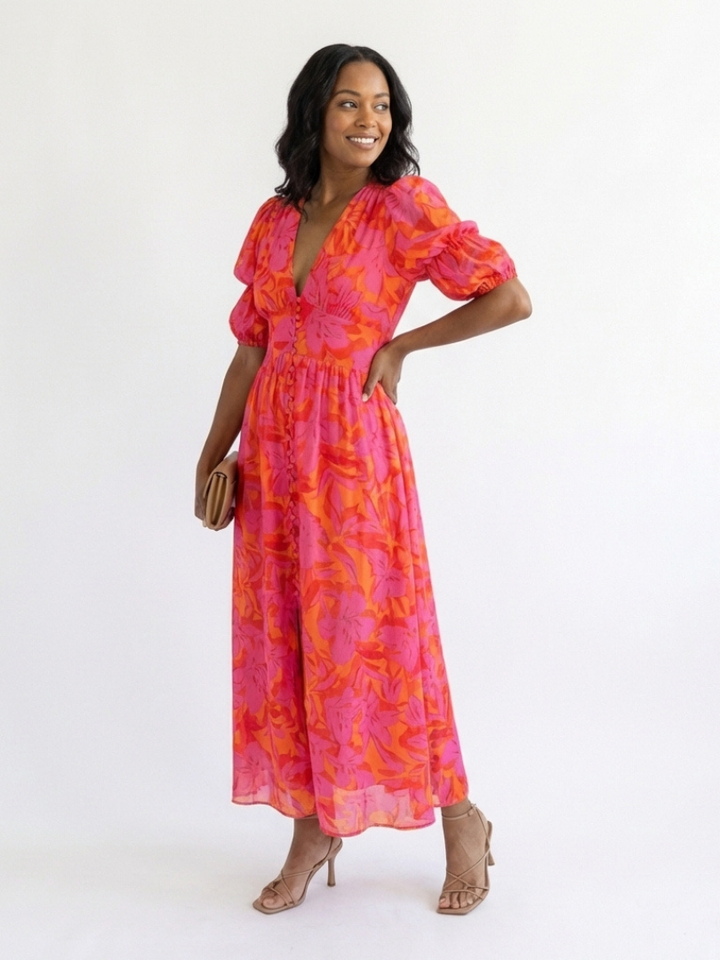 Garden Party Floral Puff-Sleeve V-Neck Midi Dress