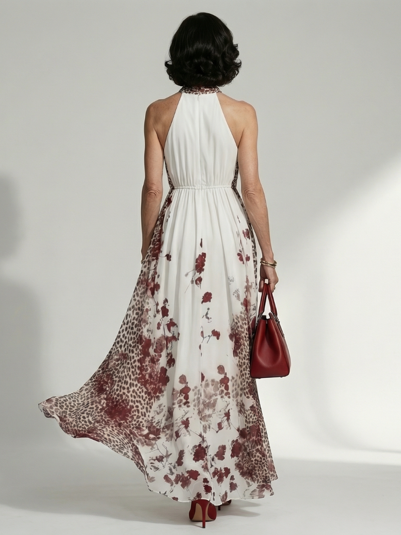 Red Rose Cascade Halter Maxi Dress