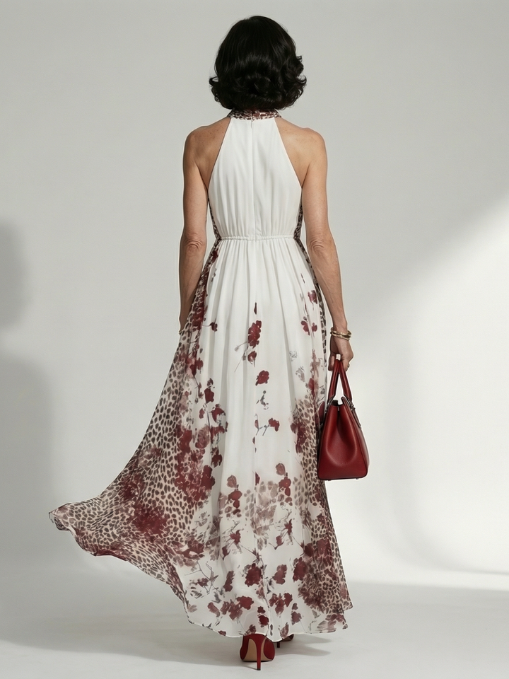 Red Rose Cascade Halter Maxi Dress