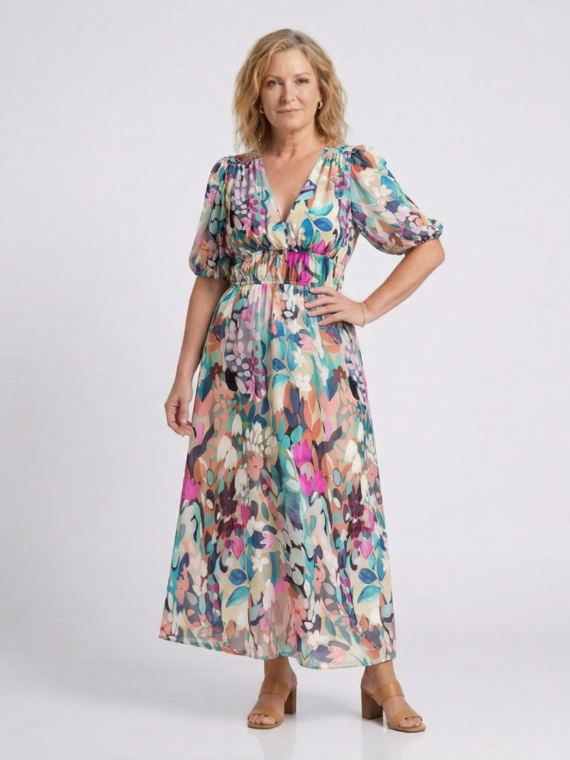 Waist-Cinching V-Neck Short-Sleeve Midi Dress