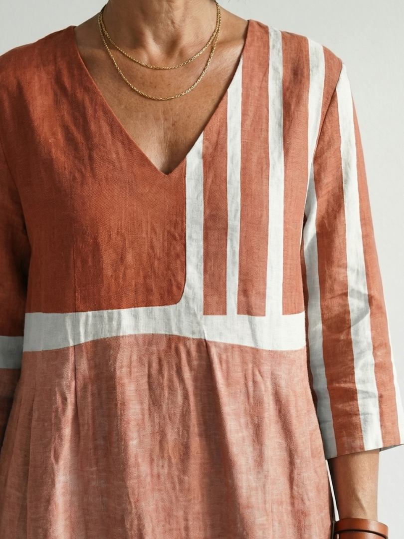 Mixed-Stripe Long-Sleeve Midi Dress