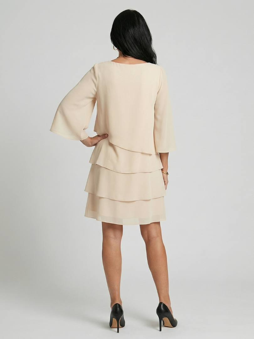 Romantic Date-Night Tiered Flare-Sleeve Knee-Length Dress