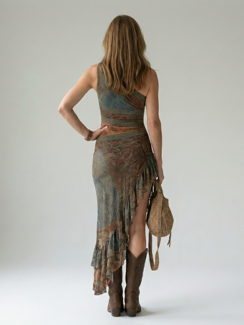 Earth-Tone Watercolor One-Shoulder Midi Dress