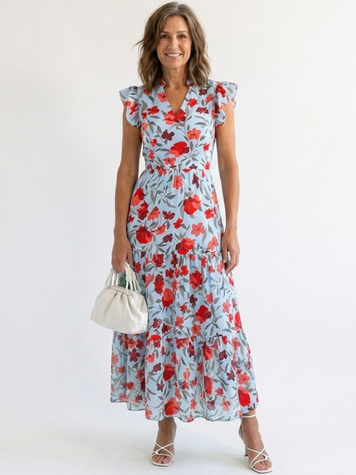 Garden Party Floral V-Neck Tiered Midi Dress
