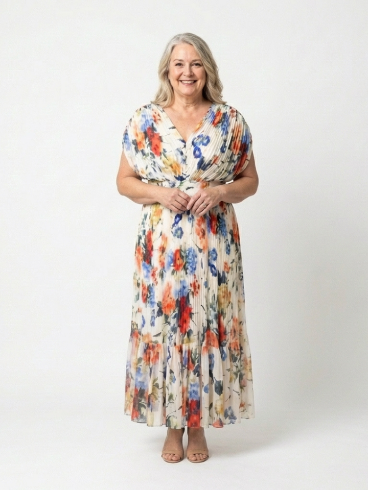 Garden Party Pleated Floral Short-Sleeve Midi Dress