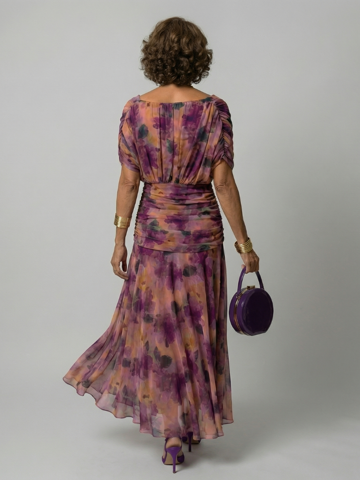 Plum Watercolor Flutter-Sleeve Maxi Dress