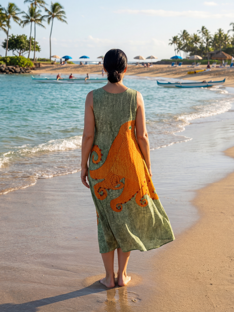 Ocean Wave Print Midi Dress