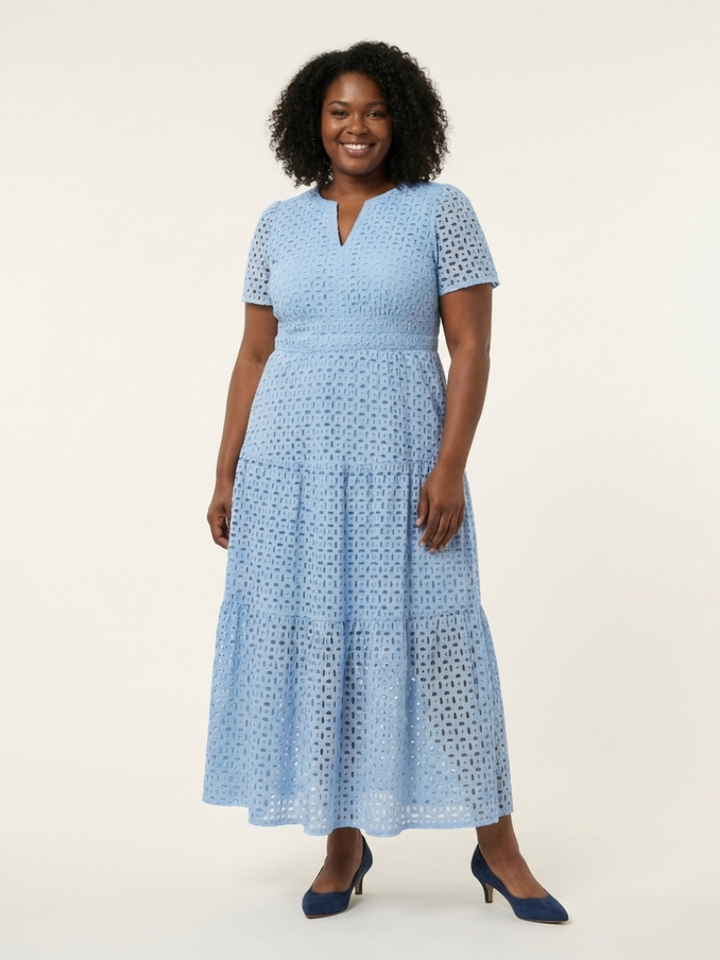Smocked Eyelet Tiered Midi Dress