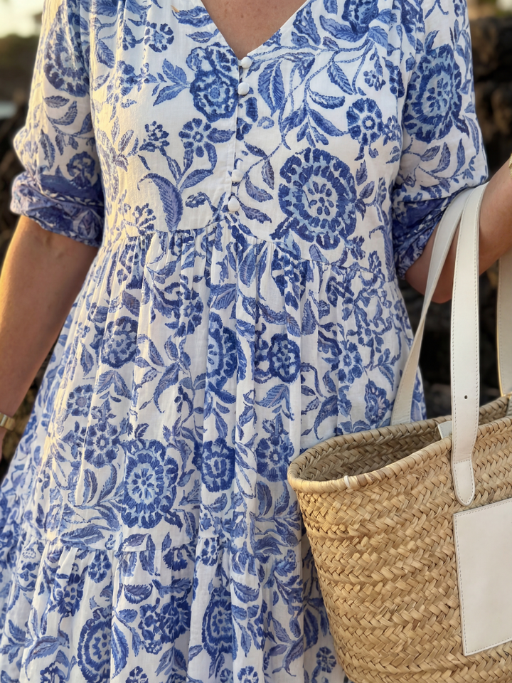 Garden Party Porcelain-Print Flowy Midi Dress