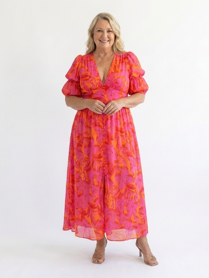 Garden Party Floral Puff-Sleeve V-Neck Midi Dress