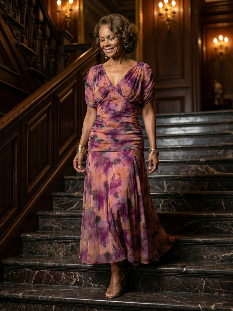Plum Watercolor Flutter-Sleeve Maxi Dress