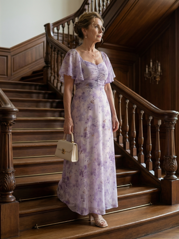 Lavender Floral Square-Neck Midi Dress