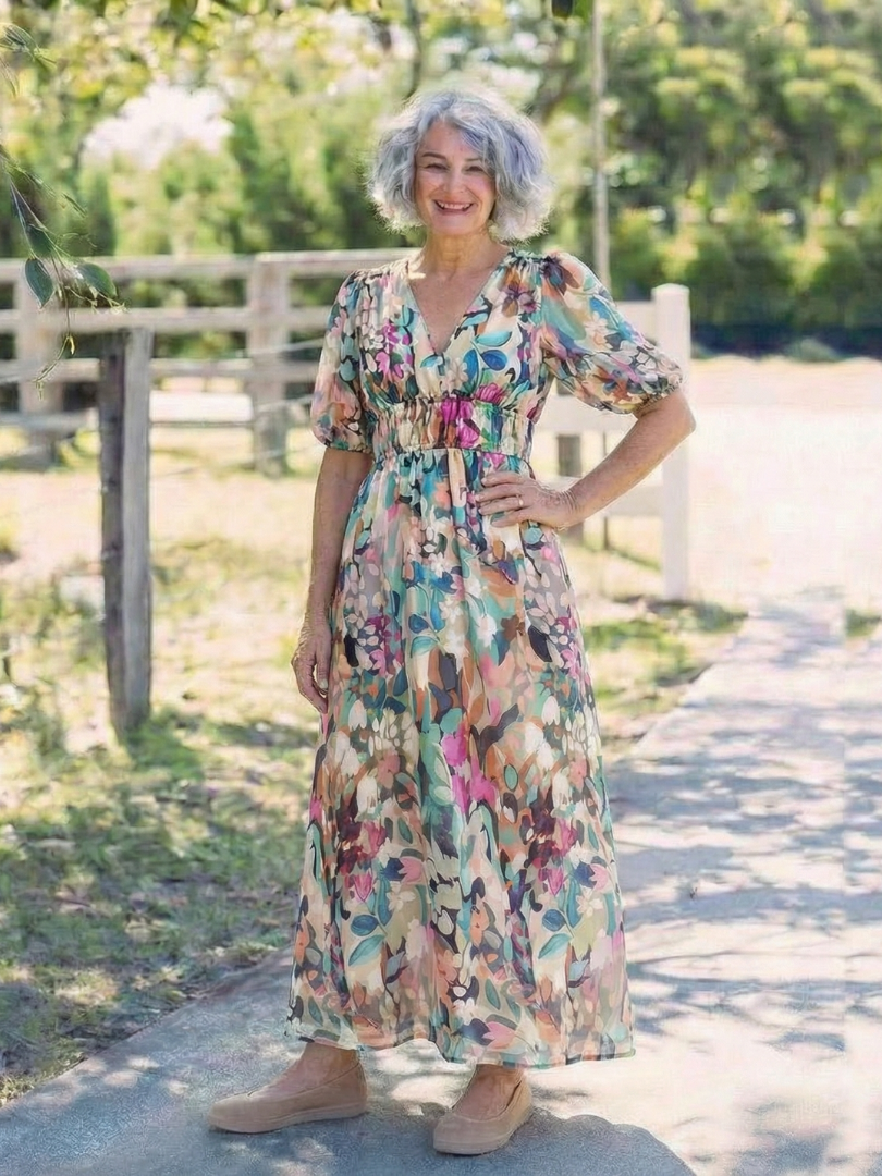 Waist-Cinching V-Neck Short-Sleeve Midi Dress