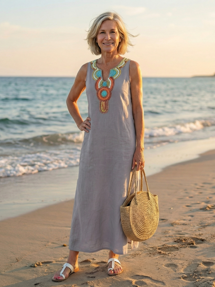 Embroidered Neckline Midi Dress
