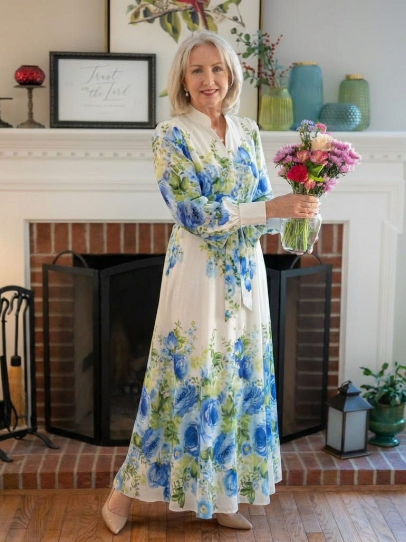 Romantic Garden Party Floral Long-Sleeve Maxi Dress