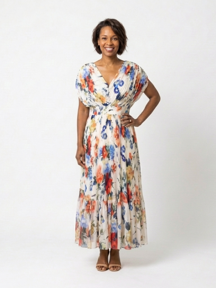 Garden Party Pleated Floral Short-Sleeve Midi Dress