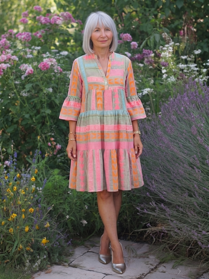 Effortless Day-to-Night Geometric Tiered V-Neck Knee-Length Dress