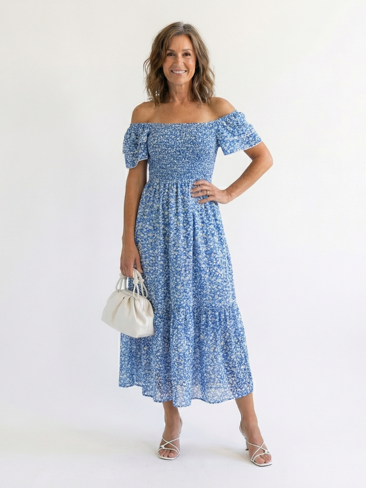 Romantic Garden Party Off-Shoulder Floral Smocked Midi Dress