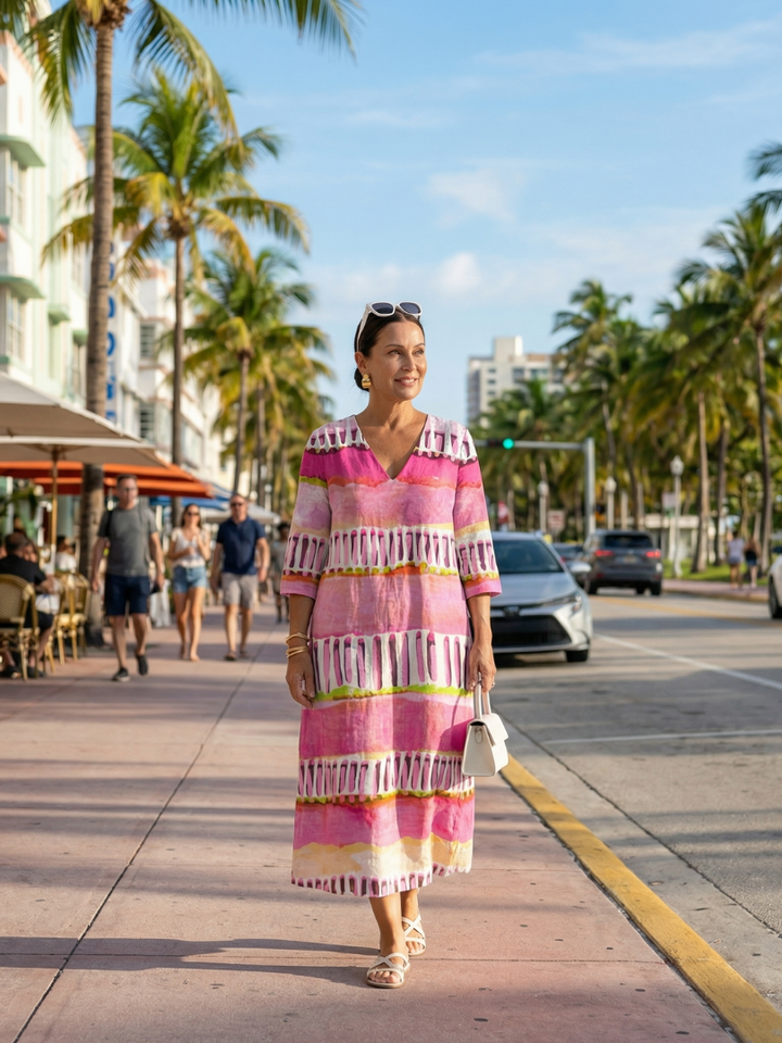 Mixed-Stripe V-Neck Midi Dress