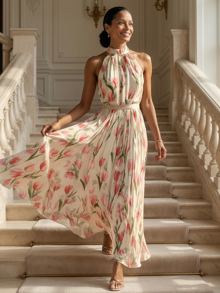 Coral Tulip Halter Maxi Dress