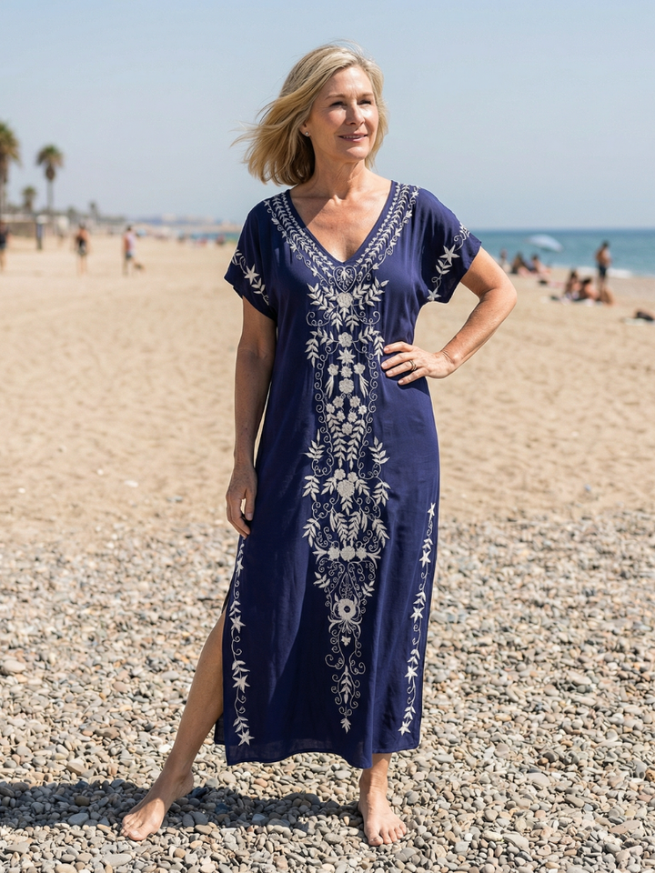 Embroidered Draped Midi Dress