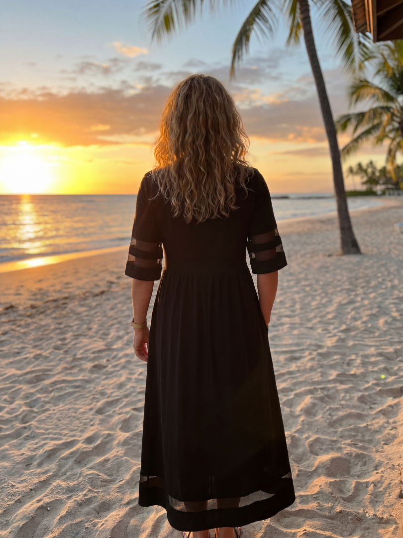 Sheer-Panel Black Midi Dress