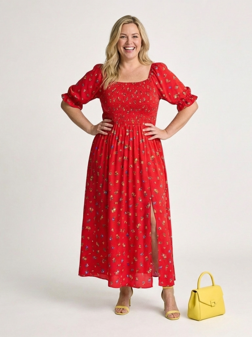 Romantic Garden Party Floral Square-Neck Puff-Sleeve Midi Dress