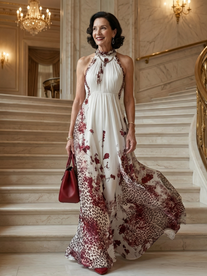 Red Rose Cascade Halter Maxi Dress
