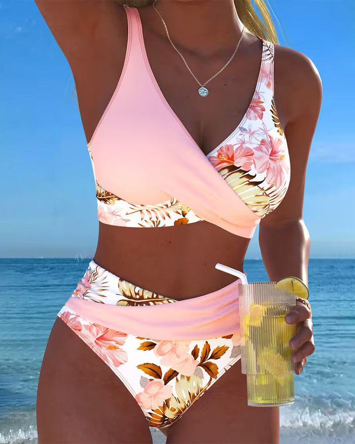 Contrasting Floral Print Cut-Out Bikini