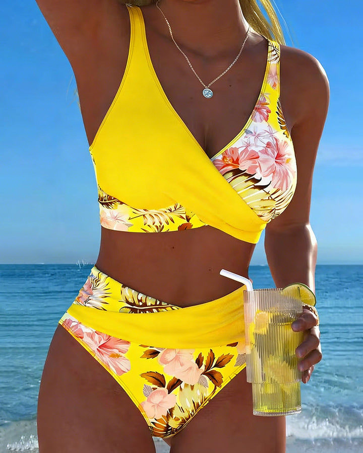 Contrasting Floral Print Cut-Out Bikini