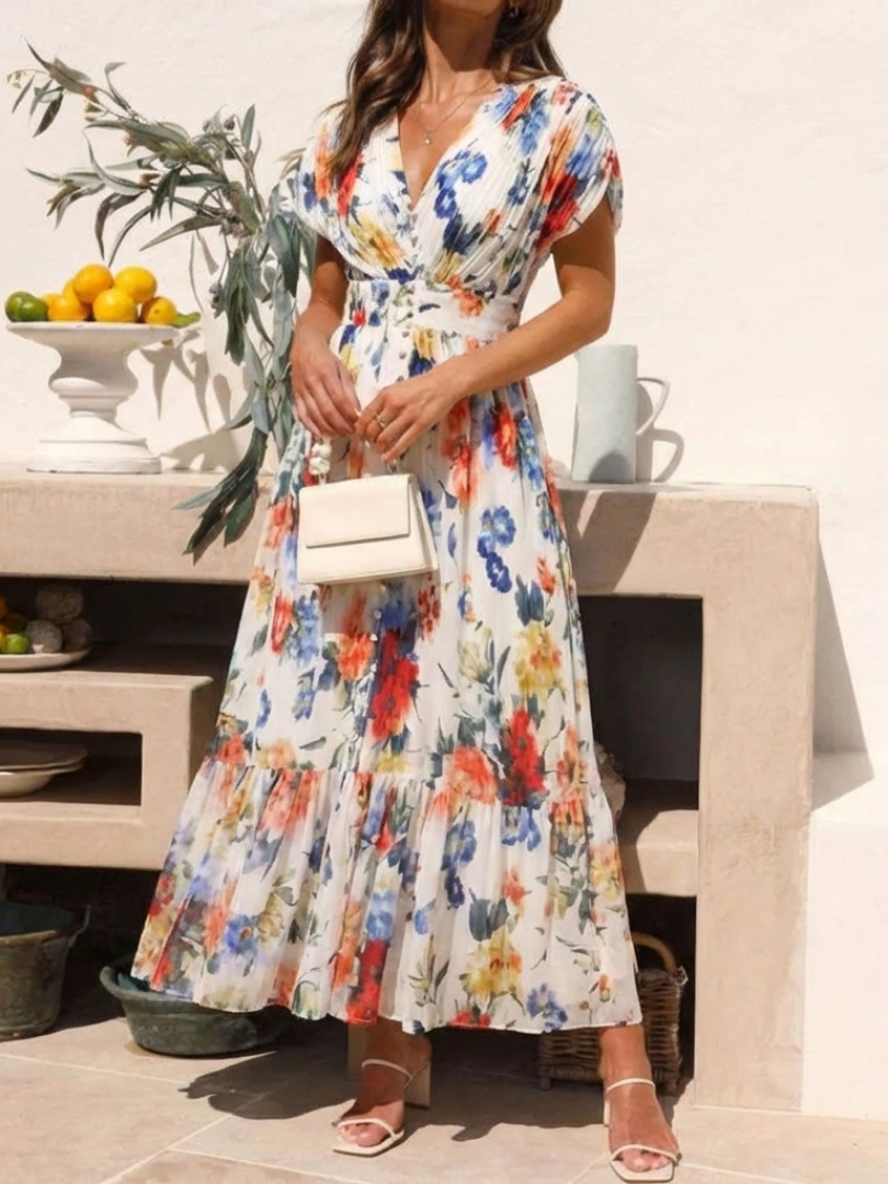 Garden Party Pleated Floral Short-Sleeve Midi Dress
