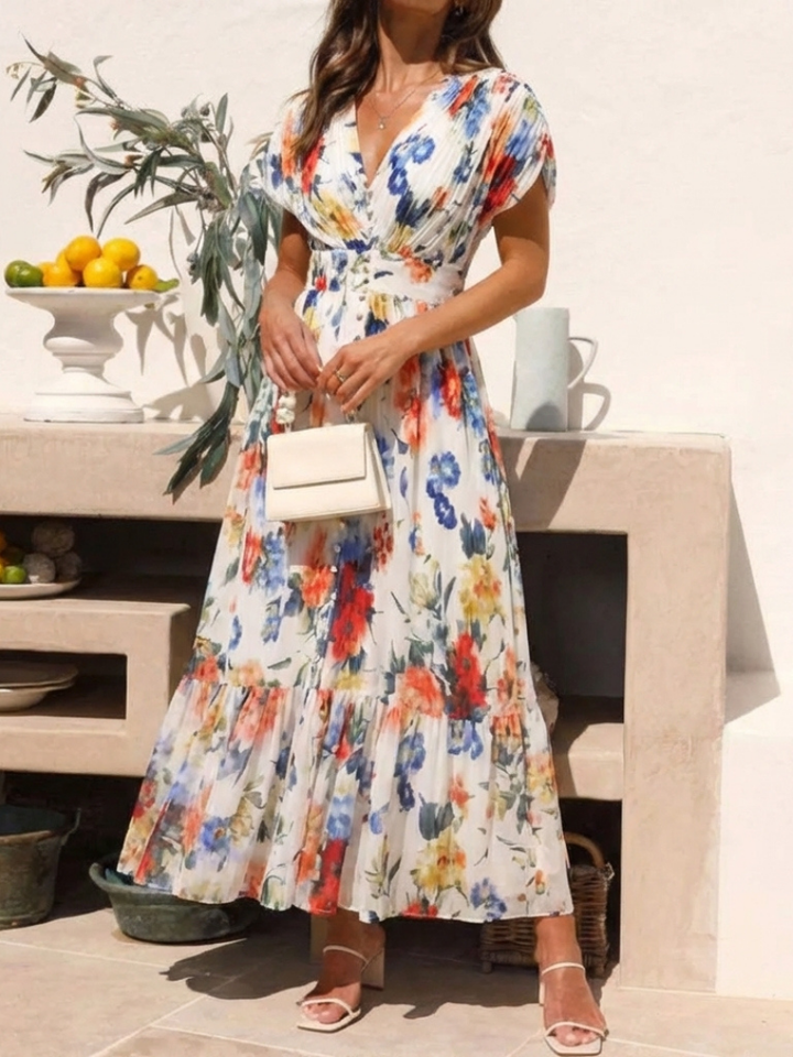 Garden Party Pleated Floral Short-Sleeve Midi Dress