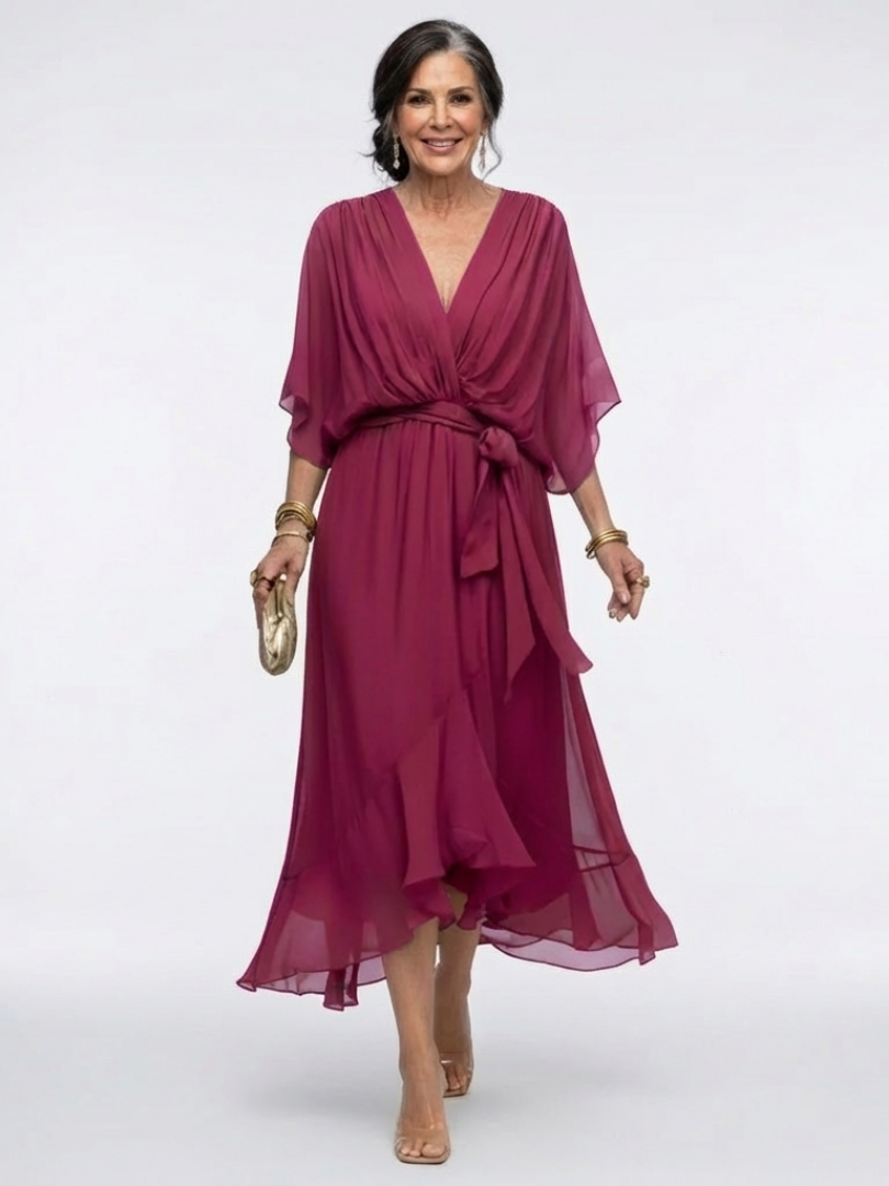 Hourglass Wedding Guest Draped Tie-Waist Midi Dress