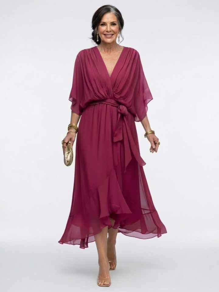 Hourglass Wedding Guest Draped Tie-Waist Midi Dress