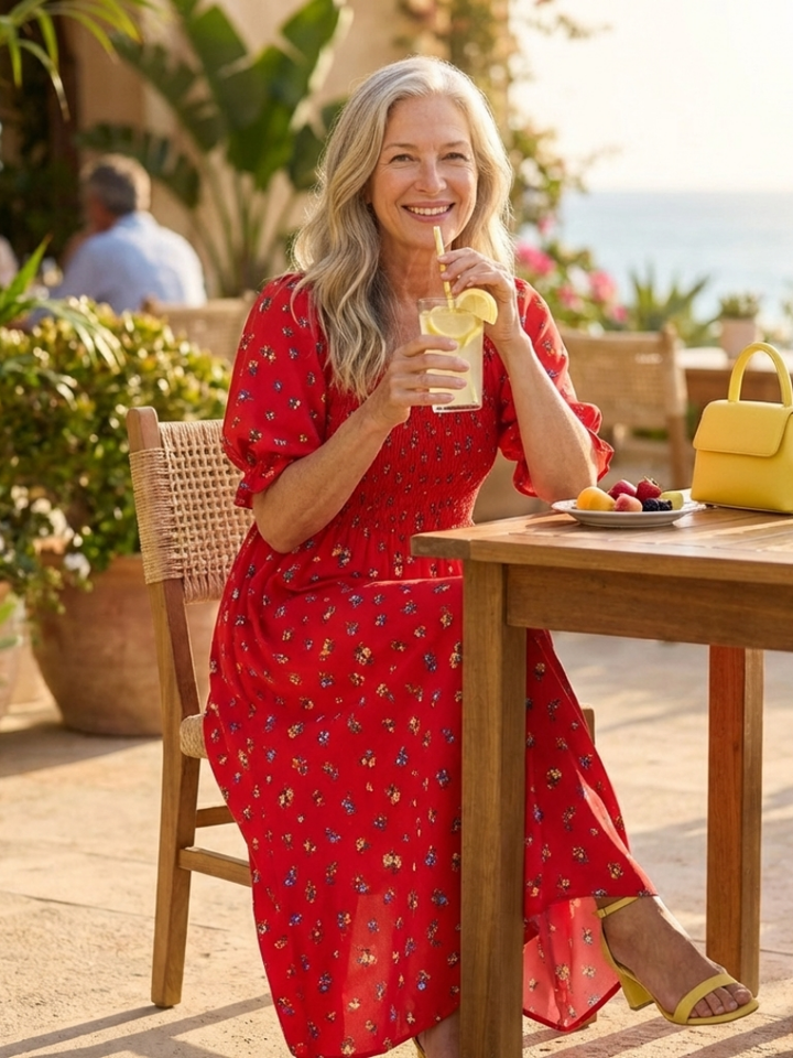 Romantic Garden Party Floral Square-Neck Puff-Sleeve Midi Dress