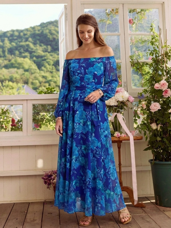 Romantic Garden Party Off-Shoulder Floral Maxi Dress