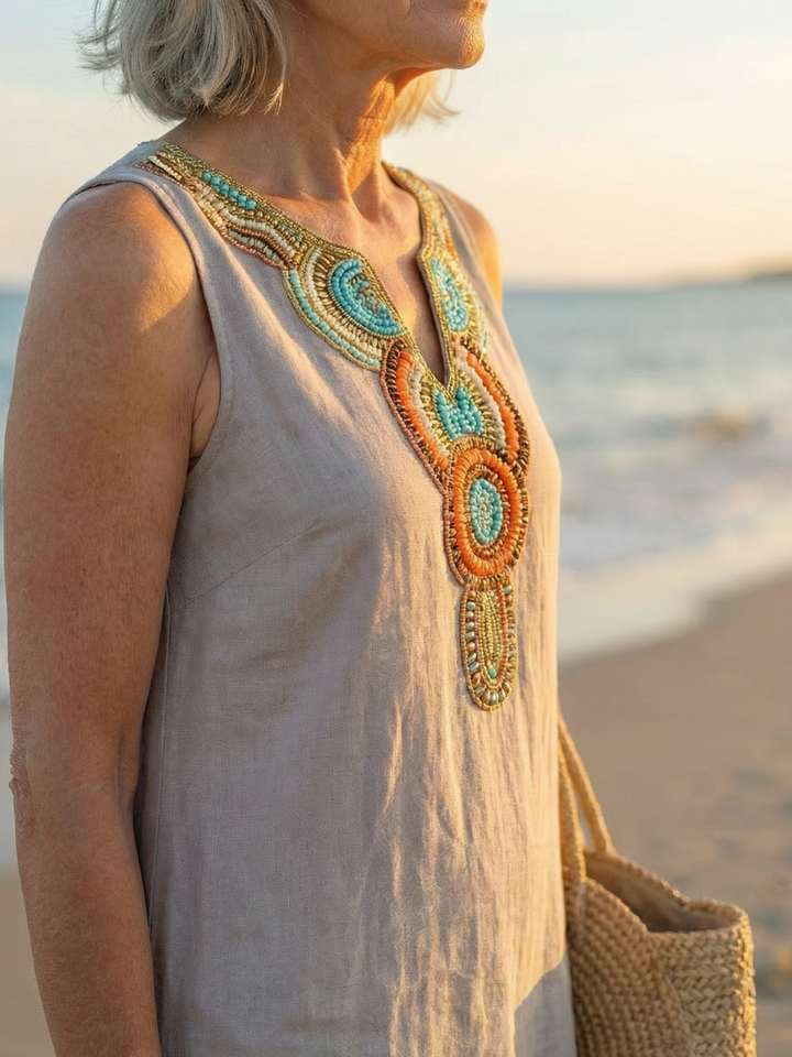 Embroidered Neckline Midi Dress