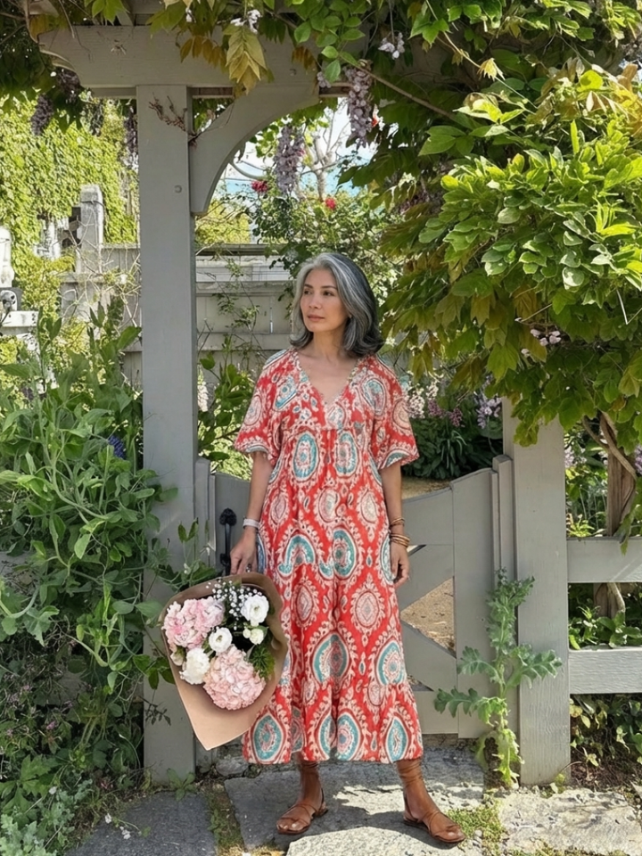 Boho Paisley V-Neck Midi Dress