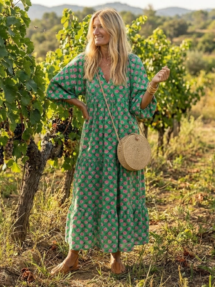 Romantic Garden Party Floral V-Neck Tiered Midi Dress