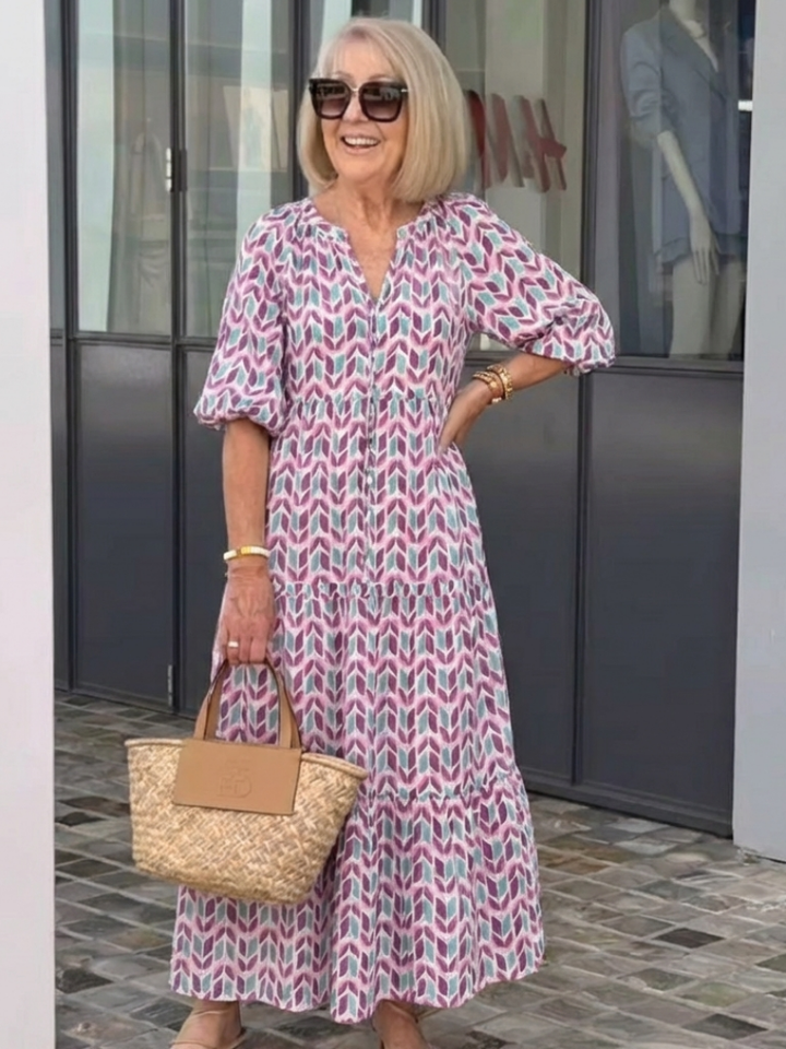 Modern Muse Geometric Tiered Long Sleeve Midi Dress