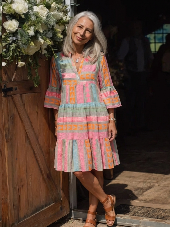 Effortless Day-to-Night Geometric Tiered V-Neck Knee-Length Dress