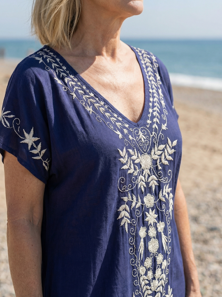 Embroidered Draped Midi Dress