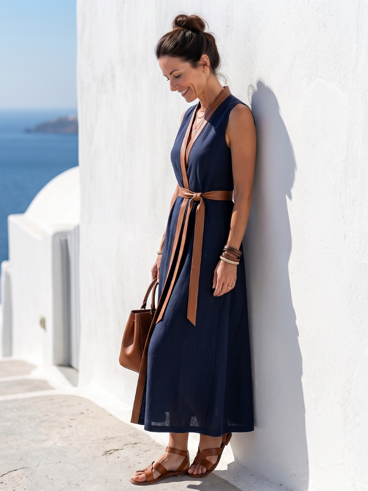 Hourglass-Defining Contrast-Piped Midi Sheath Dress